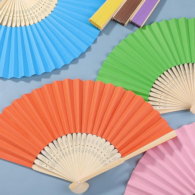 Aneco 24 Pieces Handheld Paper Fans Paper Folding Fans with Bamboos for Wedding Gift, Party, Home, DIY, Multicolor