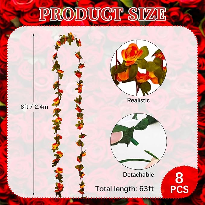 8Pcs 63Ft Orange Rose Garland, Fake Rose Hanging Flowers, Artificial Flower Vine, Hanging Floral Vine Garland for Wedding, Birthday Party, Wall Arch, Halloween, Christmas Garden Backdrop Decor