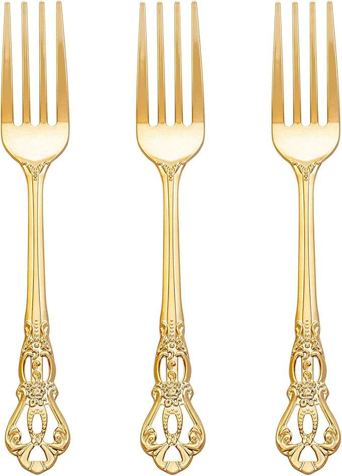 75PCS Gold Plastic Forks - 8.1inch Gold Forks Disposable - Vintage Heavy Duty Dessert Forks - Premium Fancy Plastic Silverware for Parties, Weddings, Dinners and Events