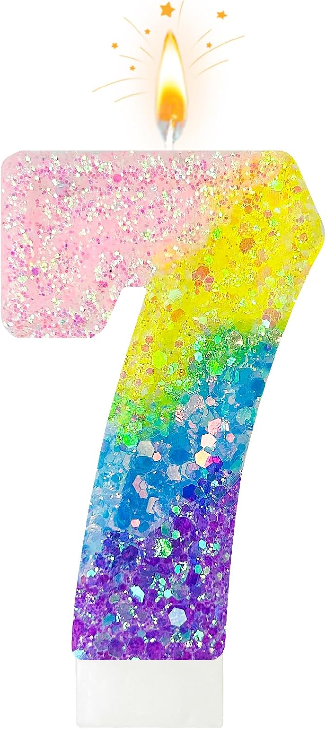 Birthday Candles Pastel Macaron Glitter 3D Rainbow Number Candles for Birthday Cake Girls Women Sweet Theme Birthday Wedding Anniversary Party Cake Decoration (Number 7)