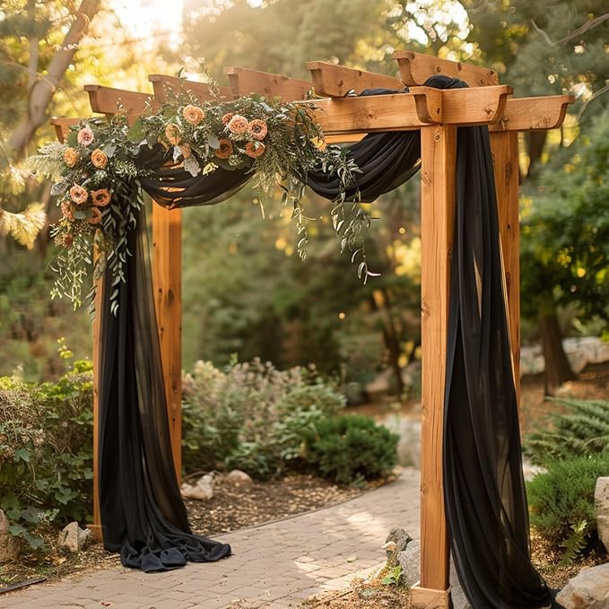 Wokceer Wedding Arch Draping Fabric - 6 Panels, 28.7" x 20FT Black Sheer Drapes for Wedding Ceremony, Birthday Party, Bridal Shower Decoration