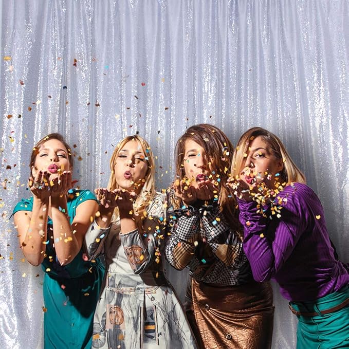 SquarePie Sequin Backdrop Curtain Not See Through Thick Glitter Background for Party 8FT x 10FT Silver