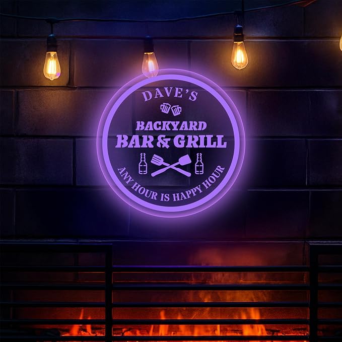Custom Acrylic LED Bar Sign – Personalized Color Changing Wall Decor for Backyard Patio, Home Bar, Kitchen, or Man Cave (Bar & Grill, 20 INCHES)