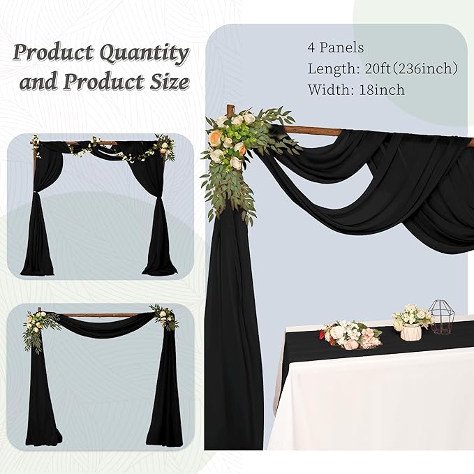 4 Panels Wedding Arch Draping Fabric 28 x 20Ft Chiffon Wedding Arch Drapes Chiffon Fabric Drape Sheer Backdrop Curtain for Weddings Party Ceremony Birthday Reception Swag Backdrop Ceiling Décor(Black)