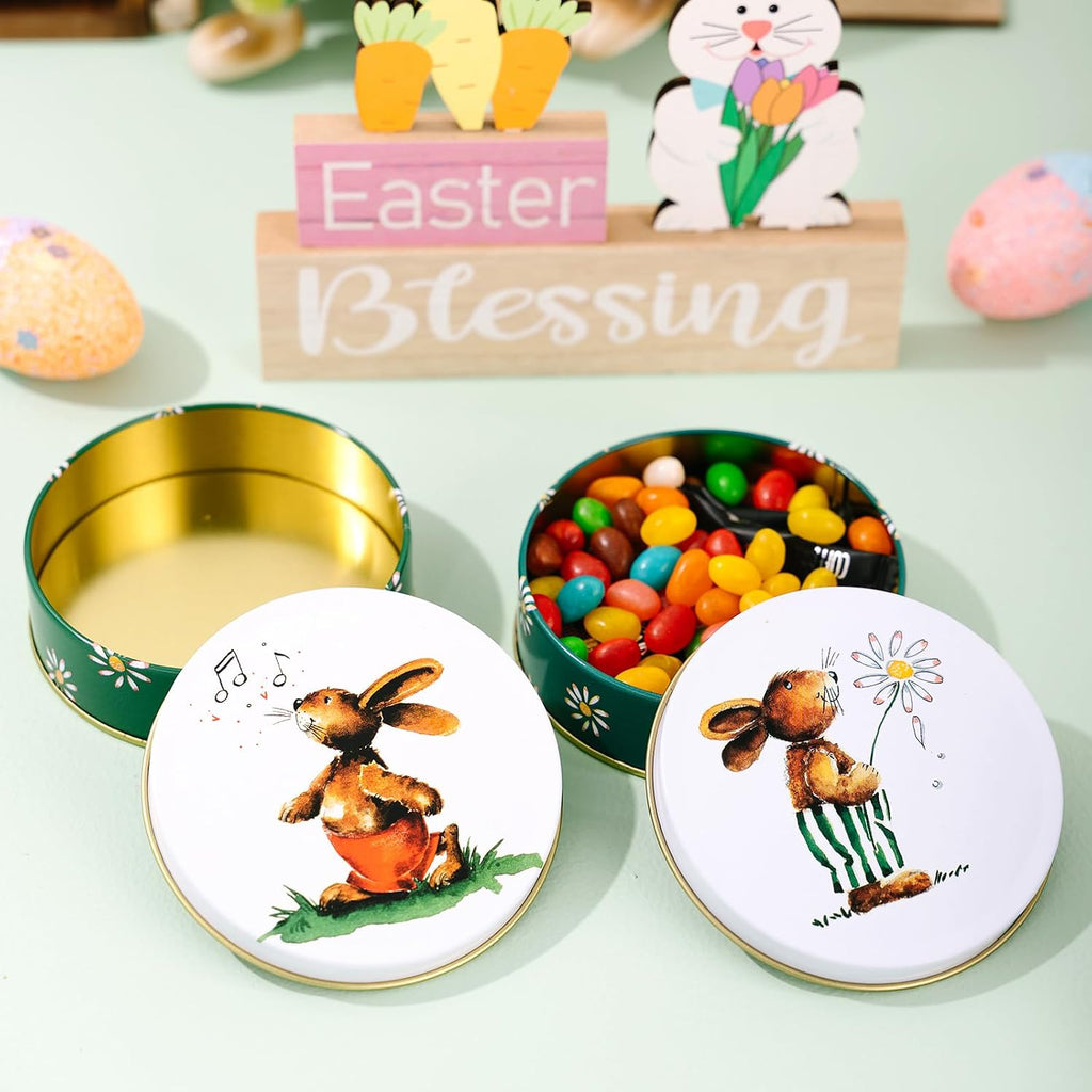 Easter Rabbit Round Metal Storage Tin (Style A) - 3.74" Vintage Bunny & Daisy Candy Box, Decorative Tinplate Organizer, Portable Holiday Keepsake for Spring Gifts & Party Favors