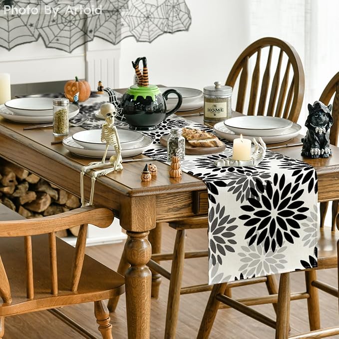 Artoid Mode Black Dahlia Floral Pinnata Halloween Table Runner, Fall Autumn Kitchen Dining Table Decoration for Home Party Decor 13x90 Inch