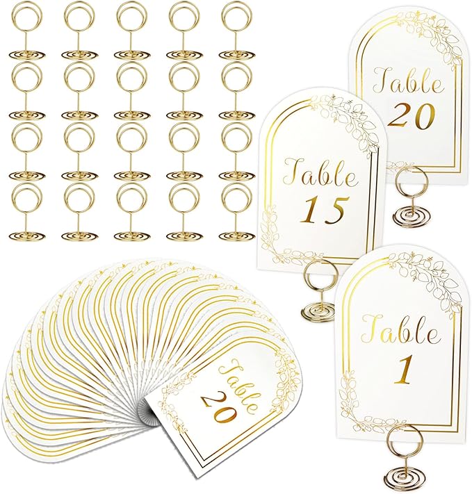 Wedding Table Numbers 1-20, 20 White Gold Tables Number Cards with 20 Gold Table Holders, 1 Set of 20 Numbers Card for Wedding Reception(Card and Holder)