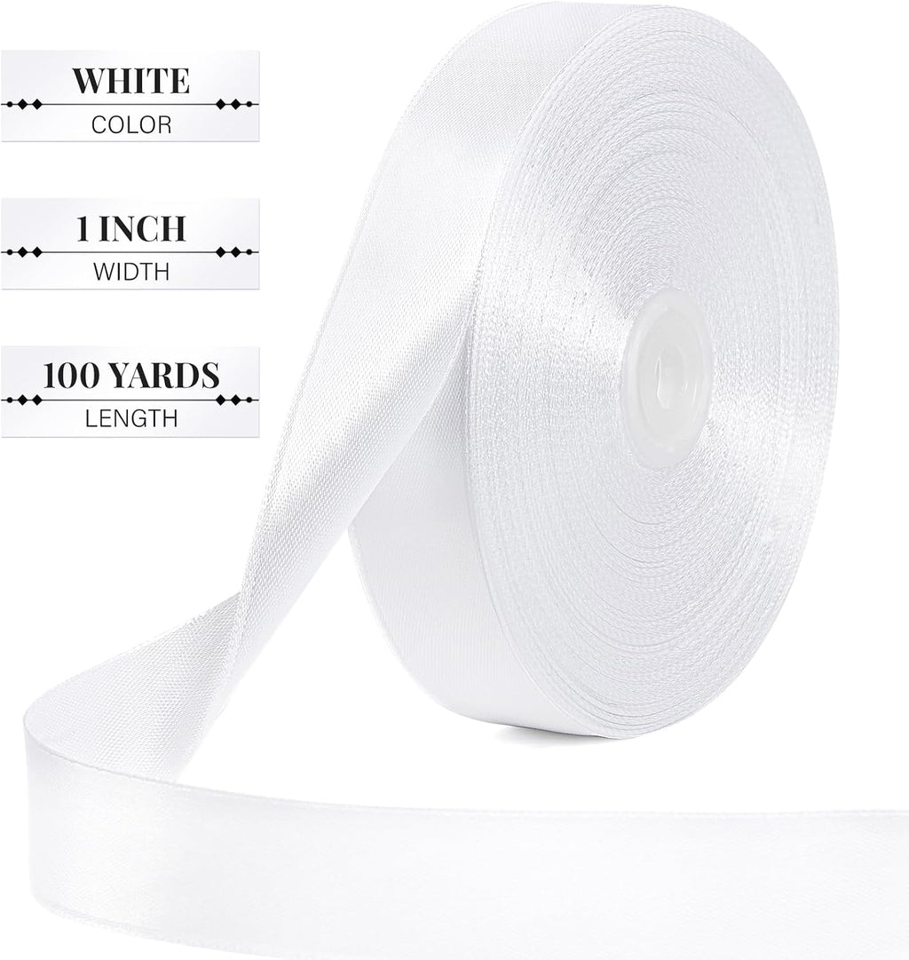 100 Yards 1 Inch White Satin Ribbon, Solid Craft Fabric Ribbon for Christmas Gift Wrapping, Bows Making, Flower Bouquet, Wedding Party Decoration