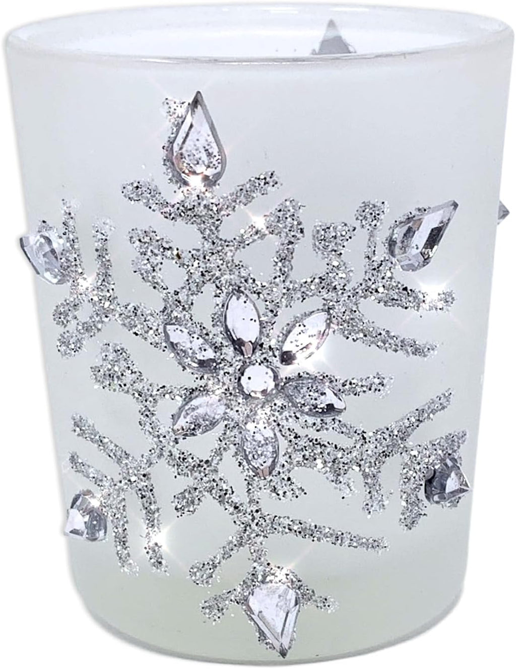 Snowflake Candle Holders with LED Candles, Set of 3 – Lighted Frosted Glass Votive Holders with Glitter Snowflakes and Jewel Accents – Christmas Table, Mantel and Holiday Decor – 2.75 Inch