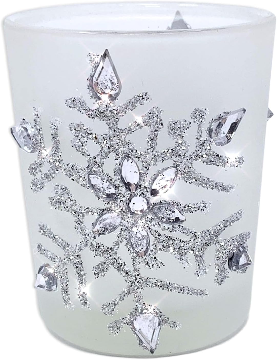 Snowflake Candle Holders with LED Candles, Set of 3 – Lighted Frosted Glass Votive Holders with Glitter Snowflakes and Jewel Accents – Christmas Table, Mantel and Holiday Decor – 2.75 Inch