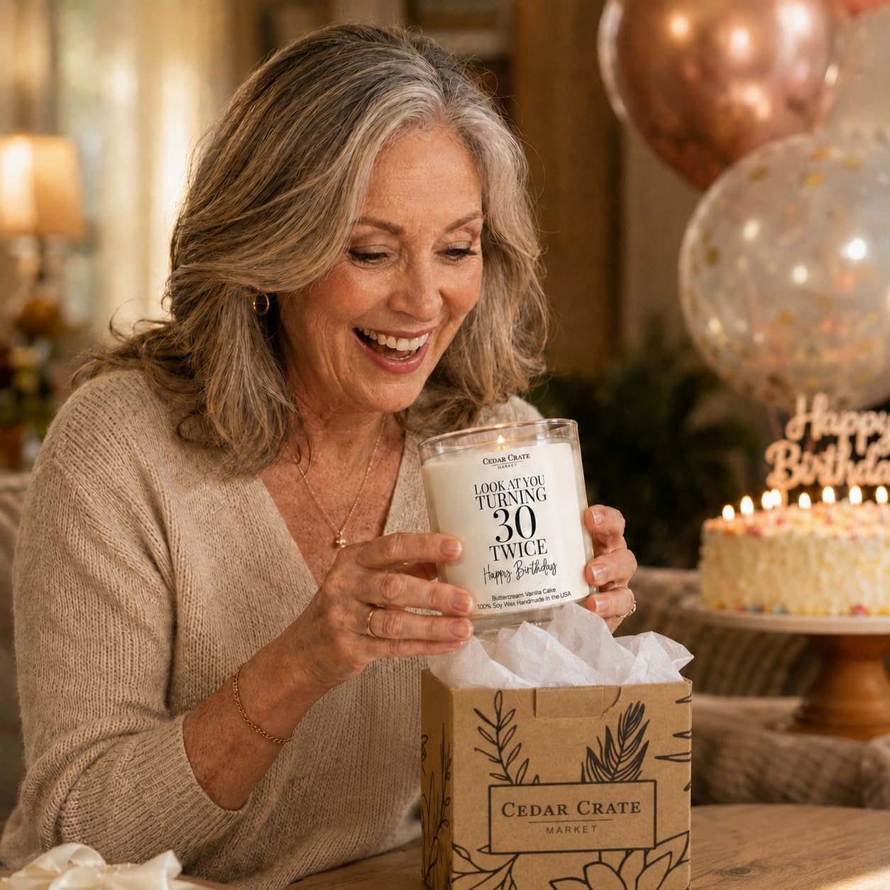 Crate Market 60th Birthday Gifts for Women – Buttercream Soy 60th Birthday Candle, 60+ Hour Burn, Funny Turning 60 Gift Ideas for Her Mom Wife Best Friend, Handmade USA