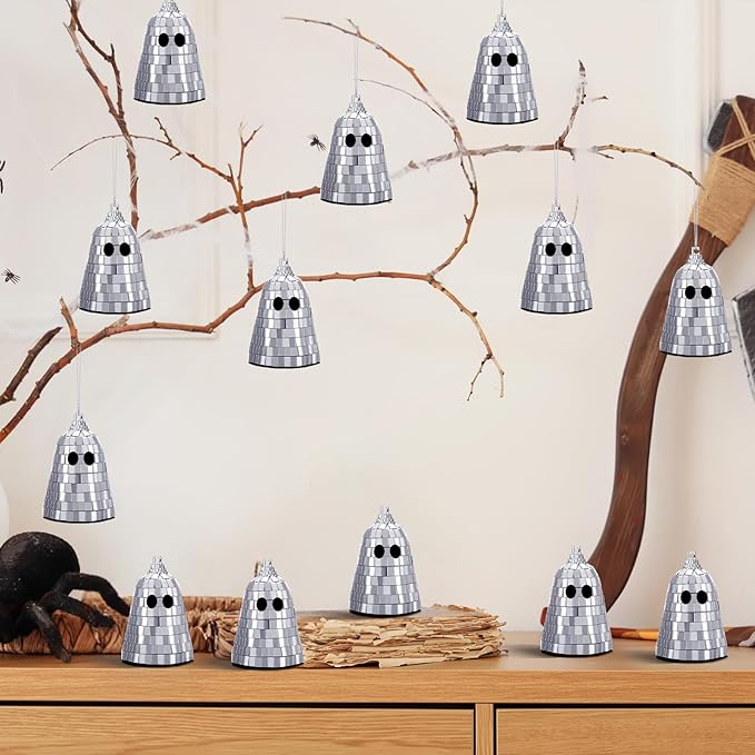 24 Pcs Halloween Disco Ghosts Decor Halloween Ornament Silver Mirror Disco Skeleton Tabletop Centerpiece for Holiday Cosplay Home Props Gift Party Decorations (Sliver)