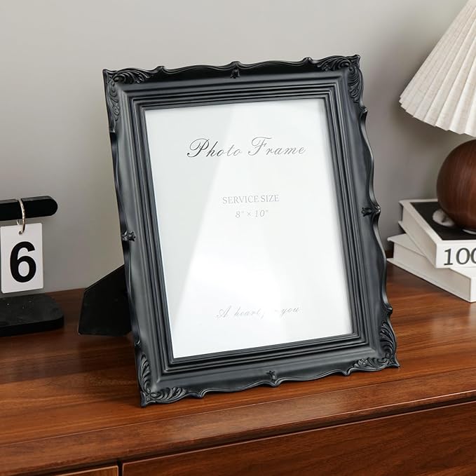 Cuspin 8x10 Picture Frame Black, Vintage Handmade Resin Frame with Carved Texture & Glass Front, Antique Retro Design for Tabletop Display or Wall Hanging, Black Photo Frames Home Decor
