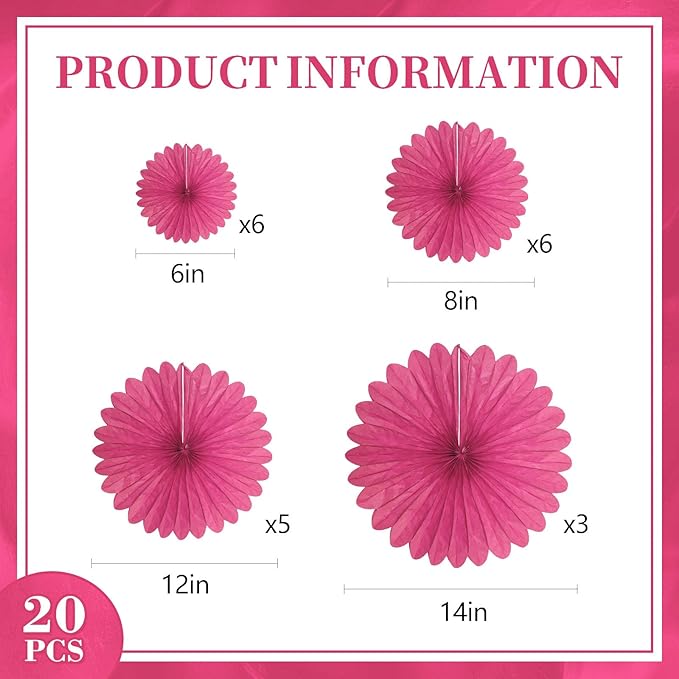 20 Pcs Rose Red Hanging Paper Fan, Hanging Honeycomb Round Paper Fans for Weddings, Birthdays, Easter, Baby Showers, Classroom, Events Ceiling Party Supplies Decorations