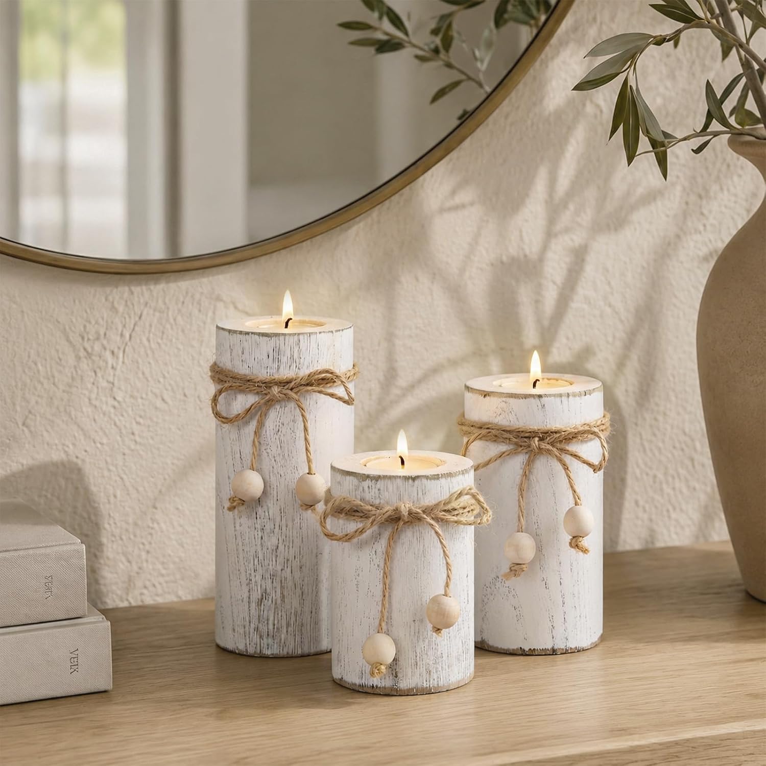 White Wooden Candle Holder with Flameless LED Candles Farmhouse Decor 3p | Farmhouse Centerpieces for Table 3-Pack With Battery Operated for Candles Holiday Party Home Decor