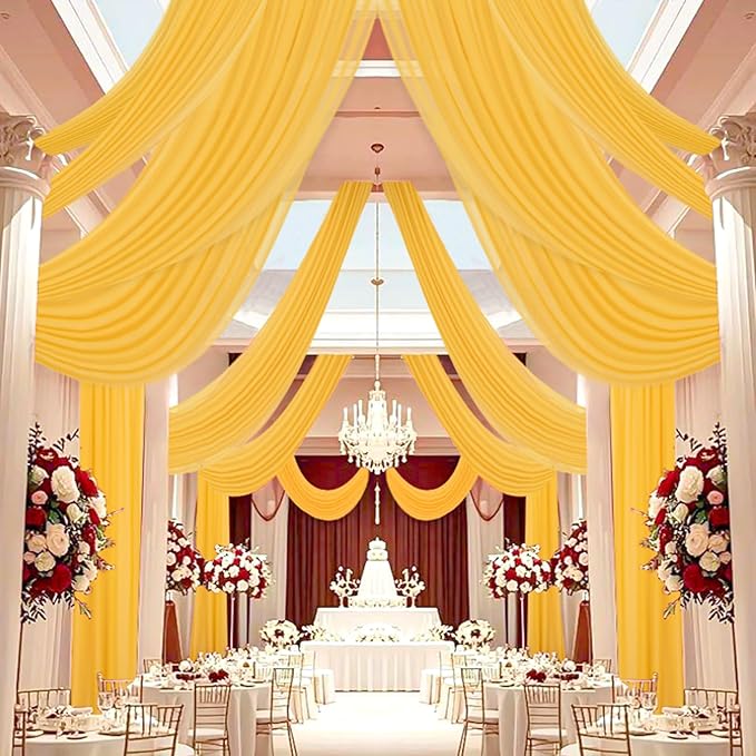 DUOBAO Chiffon Ceiling Drapes 20FT 6 Panels Gold Sheer Wedding Backdrop Curtains for Indoor Events Banquet Hall Tent Drapery Soft Draping Fabric for Arches Christmas and Photography