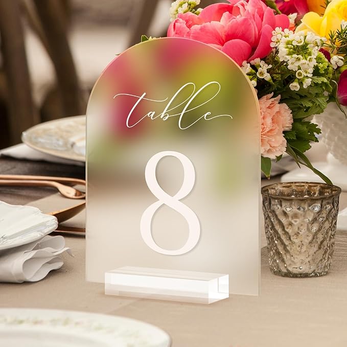 JINMURY Frosted Arch Table Numbers for Wedding, 5x7 Inch Arched Acrylic Table Numbers 1-20 with Stands, Frosted Acrylic Arch Sign with Holder for Centerpiece, Reception, Wedding, Party, Event