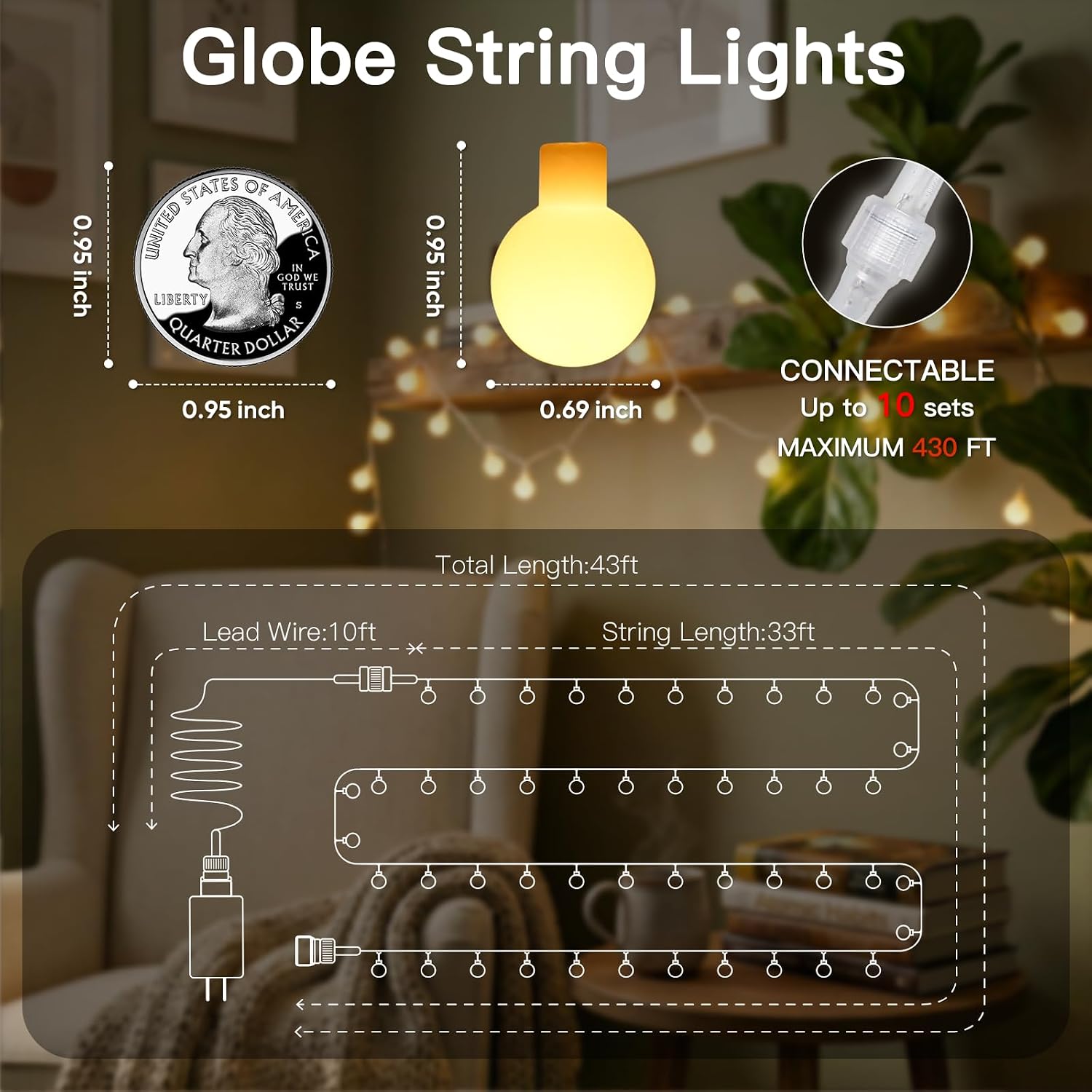 suddus String Lights for Bedroom, 33ft 100 Led Connectable Globe String Lights Indoor, Hanging Fairy Lights Plug in with Remote for Classroom, Room, Dorm, Outdoor, Christmas Tree Decor, Warm White