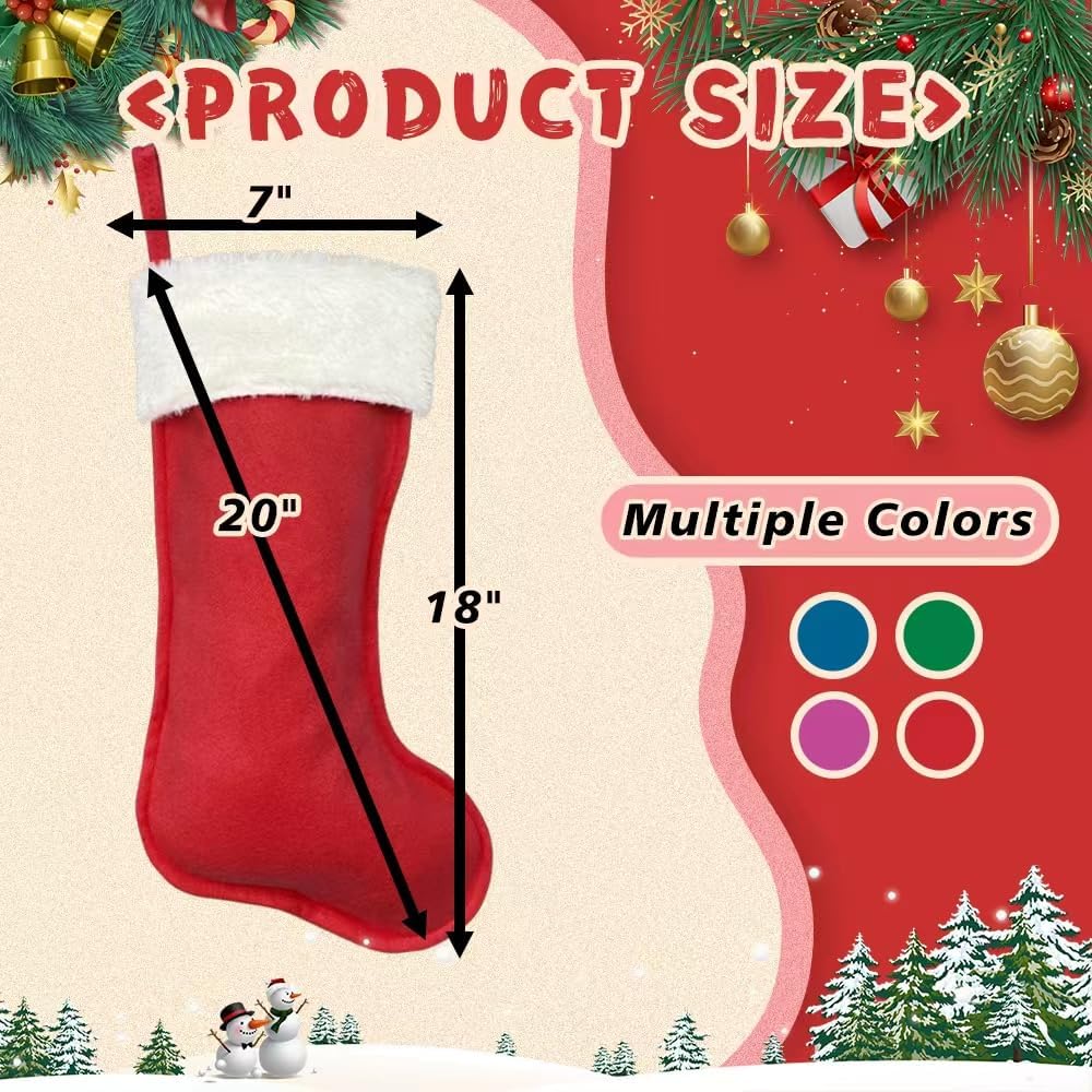 4Pack Christmas Stockings 20 Inch Large Family Christmas Stocking Decor Christmas Tree Fireplace Traditional Xmas Stocking with Super Soft Plush Cuff Décor Merry Ornaments
