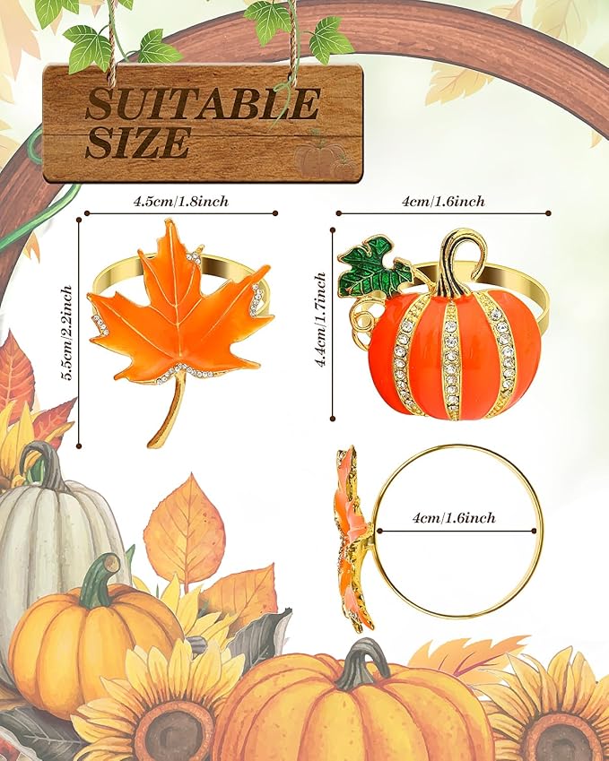 KPOSIYA Fall Napkins Rings, 12 Pcs Thanksgiving Napkin Ring Fall Maple Leaf Napkin Rings and Halloween Pumpkin Napkin Holders for Thanksgiving Table Decorations, Fall Banquet, Holiday Dinner Party