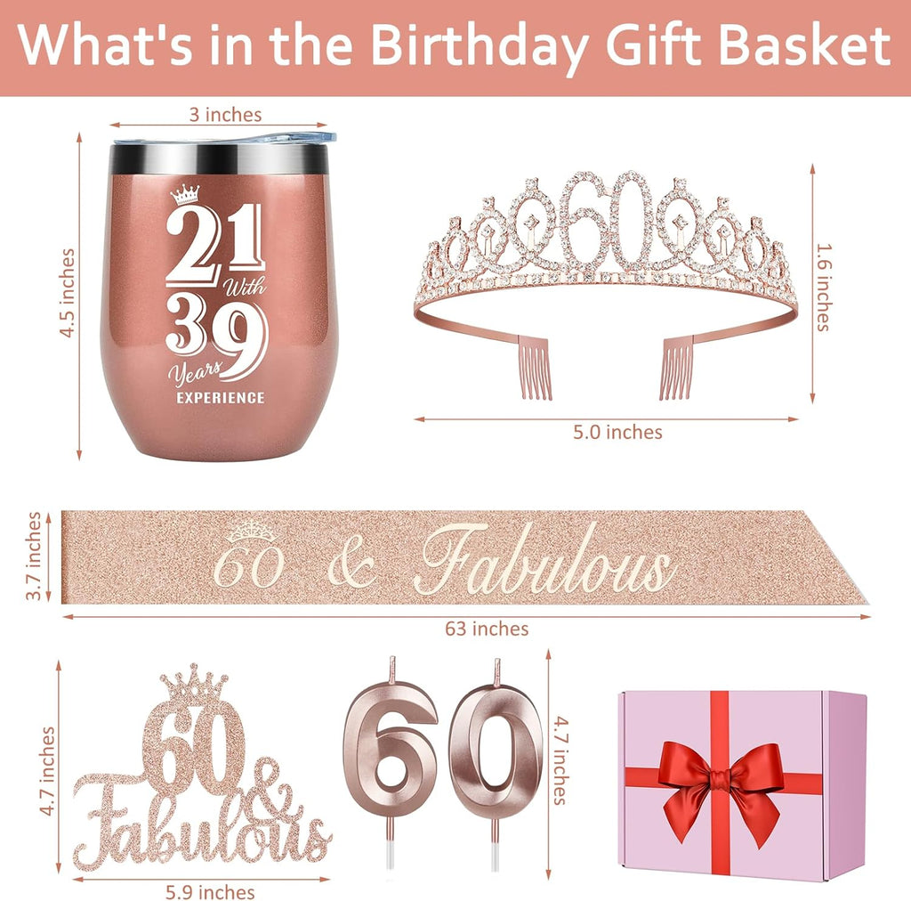 60th Birthday Decorations Gifts for Women Including Crown, Sash, Cake Topper, Candles and 12oz Wine or Coffee Tumbler Mug with Lid, Gifts for 60 Year Old Woman