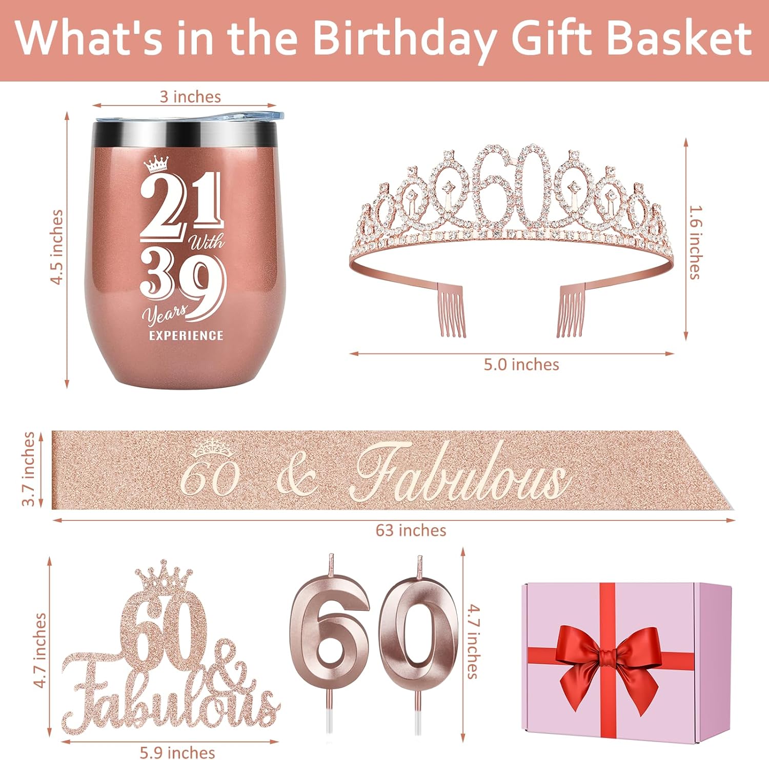 60th Birthday Decorations Gifts for Women Including Crown, Sash, Cake Topper, Candles and 12oz Wine or Coffee Tumbler Mug with Lid, Gifts for 60 Year Old Woman
