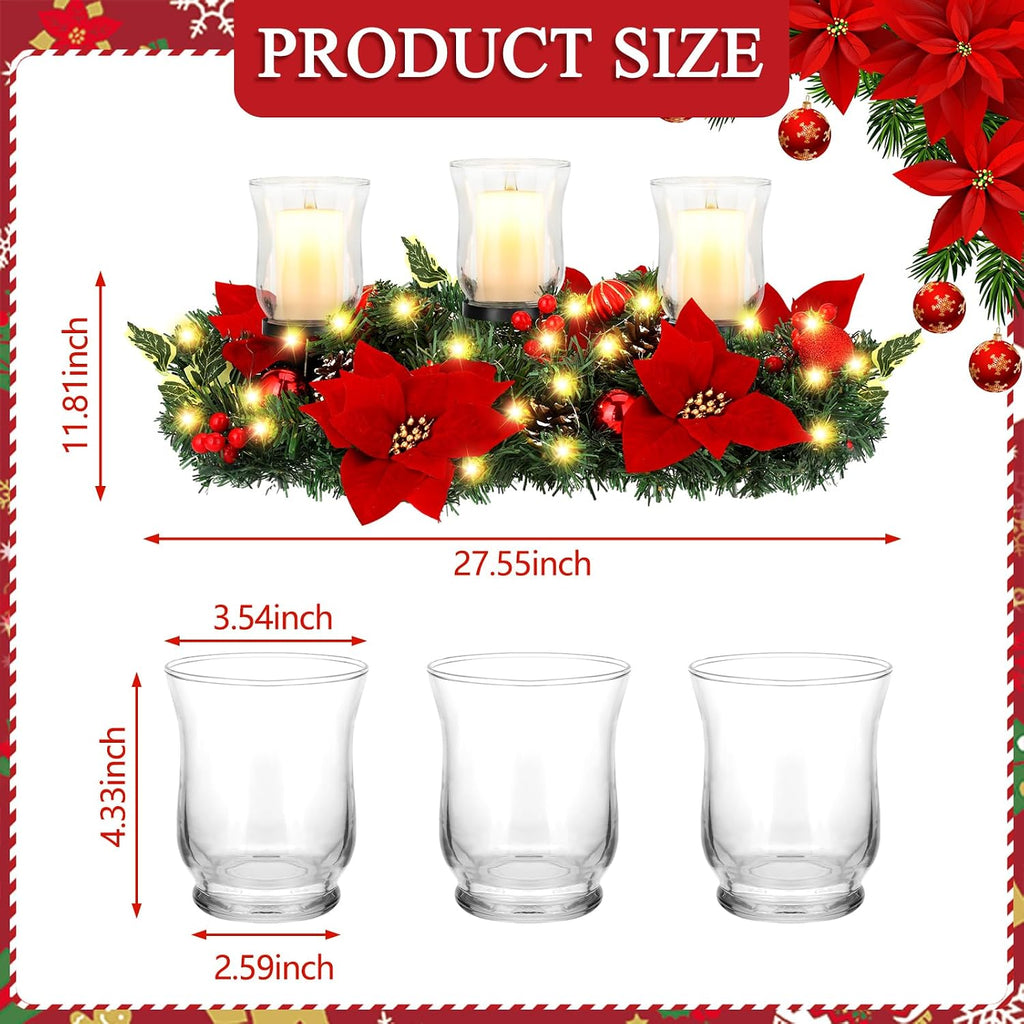 Sliner Christmas Candle Holder Centerpiece Christmas Poinsettia Glass Candle Holder Romantic Holiday Candelabrum for Xmas Party Table Mantel Decorations