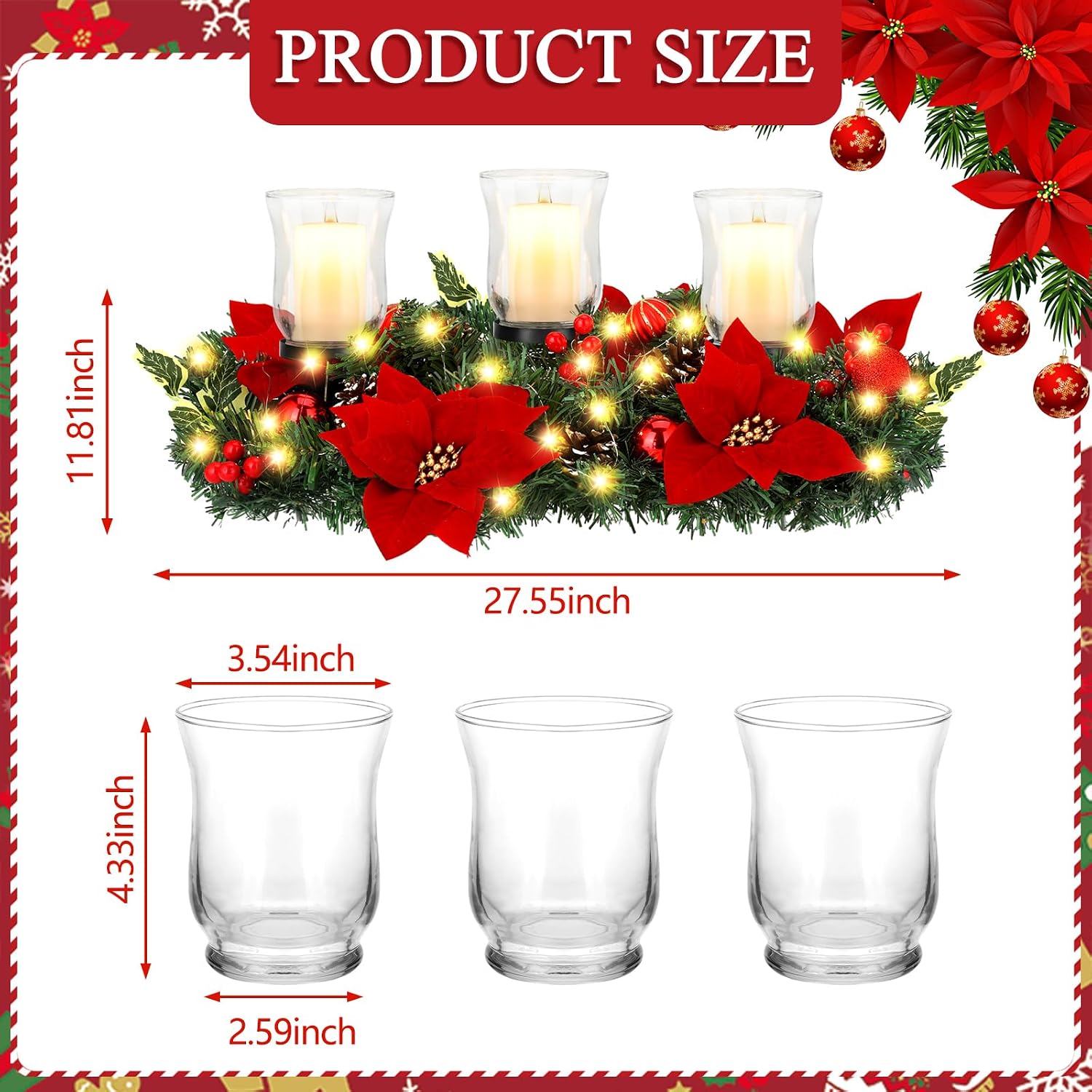 Sliner Christmas Candle Holder Centerpiece Christmas Poinsettia Glass Candle Holder Romantic Holiday Candelabrum for Xmas Party Table Mantel Decorations