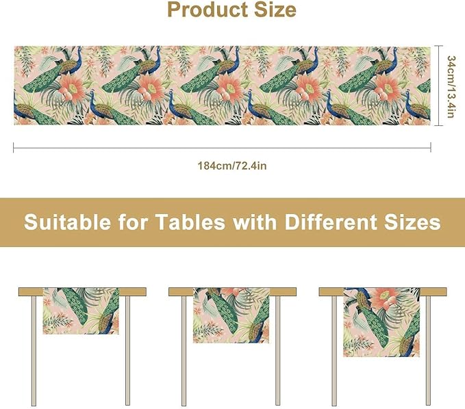 Peacock Table Runner,Pink Flower Peacock Birds Table Runner for Home Kitchen Dining Party Indoor Outdoor Decoration 13x108 Inch