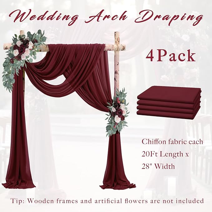 20Ft Length x 28" Width Wedding Arch Draping Fabric 4 Panels Burgundy Arch Drapes Chiffon Fabric Sheer Curtains Backdrop for Party Decorations Wedding Ceremony Bridal Ceiling Stage Reception Decor