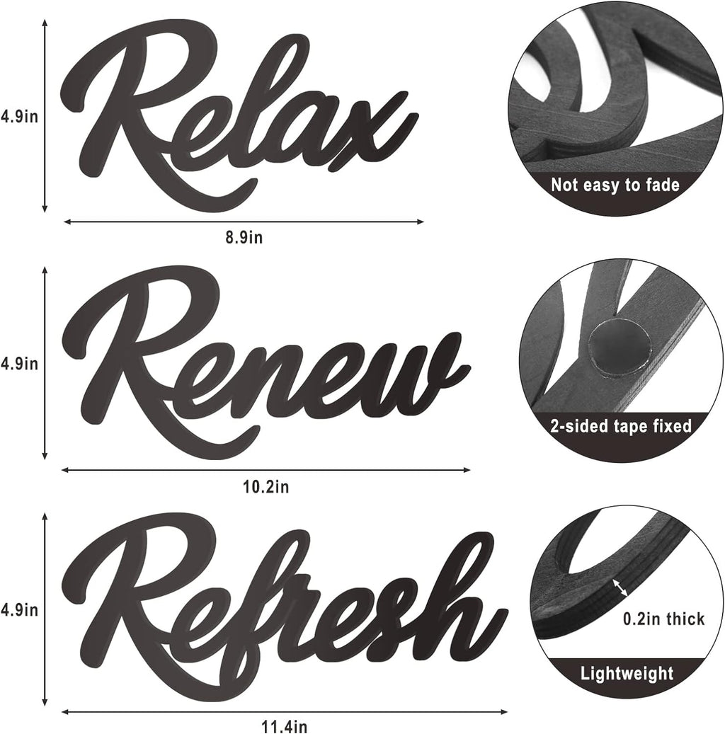 3 Pieces Bathroom Decor Black Wooden Bath Room Sign Bathroom Wall Art Farmhouse Relax Renew Refresh Sign (black)