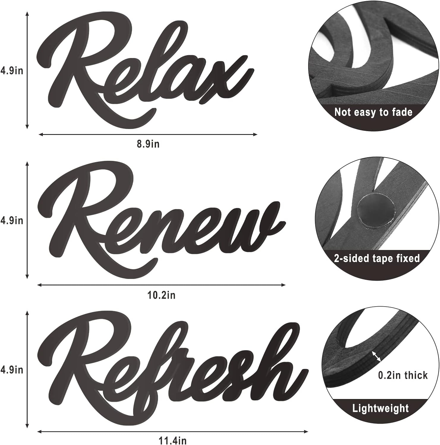 3 Pieces Bathroom Decor Black Wooden Bath Room Sign Bathroom Wall Art Farmhouse Relax Renew Refresh Sign (black)