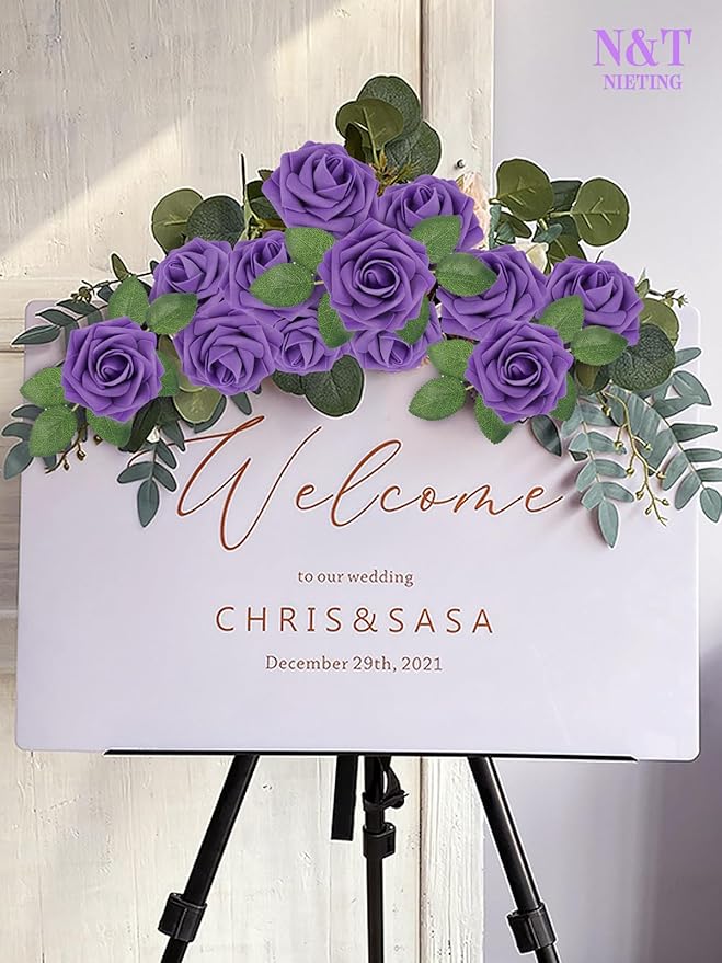 N&T NIETING Fake Flowers Purple Roses, 50Pcs Artificial Flowers Foam Roses with Stems for DIY Wedding Bridesmaid Bridal Bouquets Centerpieces Party Home Decoration Baby Showe