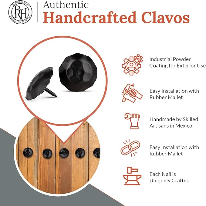 50 Pack 1.5" Round Head Iron Clavos Decorative Nails – Black – Handmade Rustic Round Fasteners for Farmhouse Shutters, Faux Wood Beams, Barn Doors, Shutters, Gates – Ornamental Wood Accent