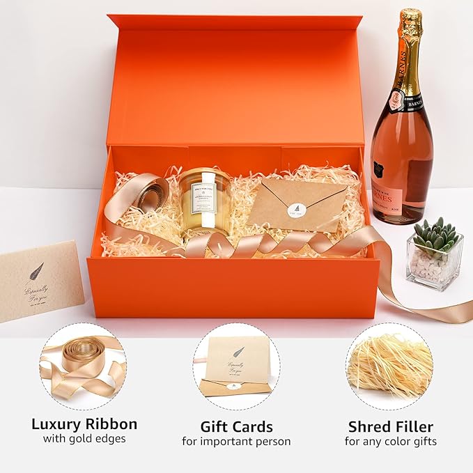 LIFELUM Orange Gift Boxes, 13.85 x 8.35 x 4.45 inch 2 Pack Gift Boxes with Lids Contains Card, Ribbon, Shredded Paper Filler for Holidays,Thanksgiving,Birthdays, Bridal Gifts,Weddings