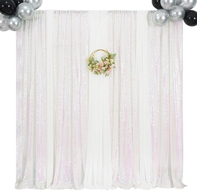 Poise3EHome White Iridescent Sequin Backdrop Curtains,4 Panels 2FTx8FT Glitter Background for Party Birthday Party Baby Shower Wedding Christmas Thanksgiving Halloween Holiday Festival Decor