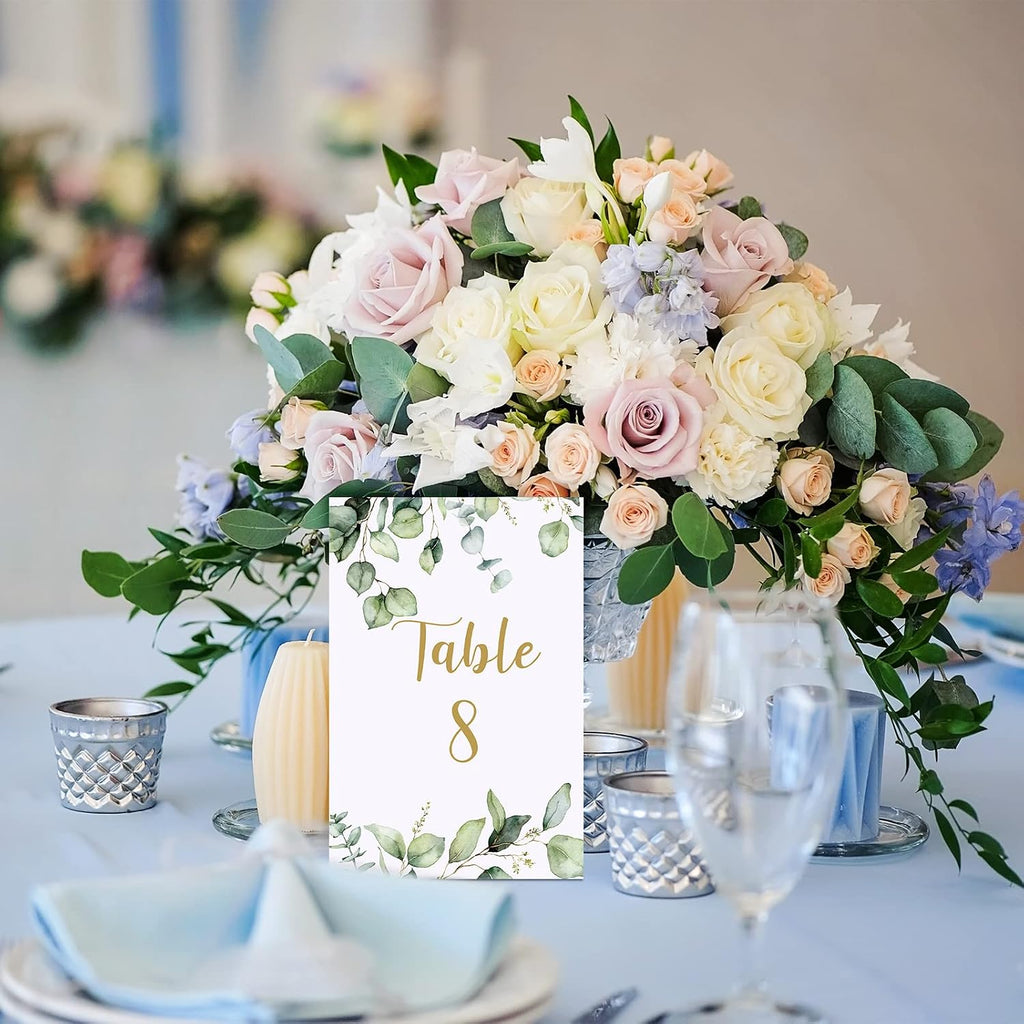 Zonon 26 Pieces Wedding Table Numbers Cards 1-25 with Head Table Numbers Greenery Eucalyptus Double Sided Cards Party Centerpiece for Wedding Reception Baby Shower Birthday Bridal Party(Gold)