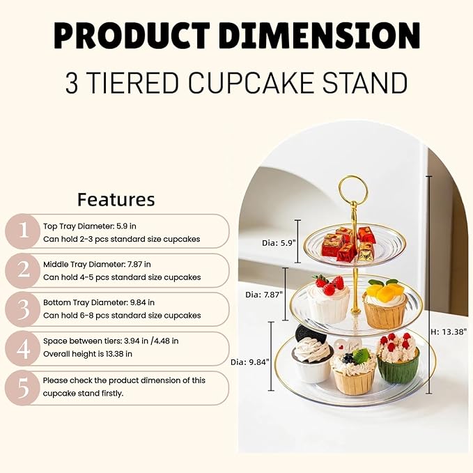 RAUVOLFIA 3 Tier Cupcake Stand, Small Tiered Serving Cake Stand, Transparent Plastic Dessert Stand, Weddings Parties Pastry Serving Tray (2 Pack, Clear Plate with Gold Rim)