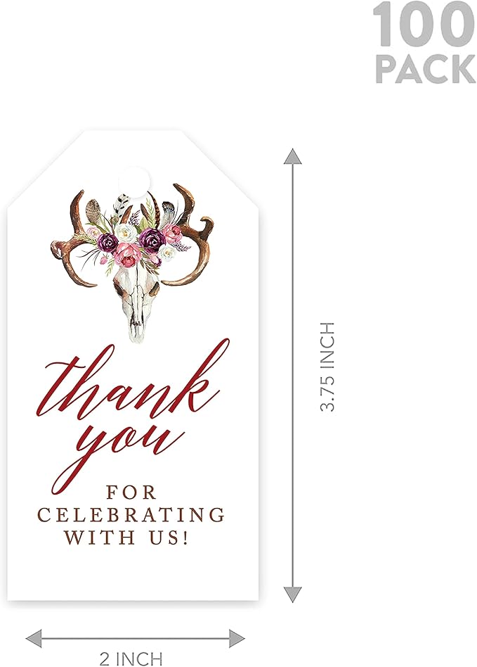 Andaz Press 100-Pack Thank You for Celebrating with Us Favor Tags Boho Rustic Floral Antlers Cardstock Gift Tags with Bakers Twine for Wedding Baby Shower Bridal Shower Party Favors 2 x 3.75-Inches
