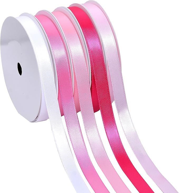 Ribest Pink Double Faced Satin Ribbon Set, 3/8 Inch White, Light Pink, Pink, Hot Pink, Fuchsia Ribbons for Valentine's Day Gift Wrapping Crafts Wedding Baby Shower, 5 Rolls × 10 Yards Total 50 Yards