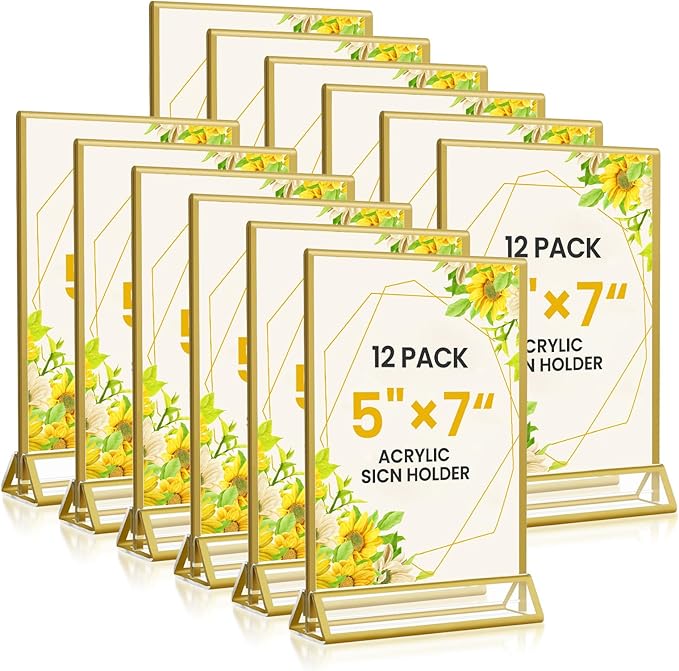 Acrylic Gold Sign Holders 5x7, 12 Pack Wedding Gold Table Number Holders, Double Sided Photo Display Picture Frame Paper Stand, Clear Flyer Stand Menu Holder for Wedding, Home, Party, Restaurant