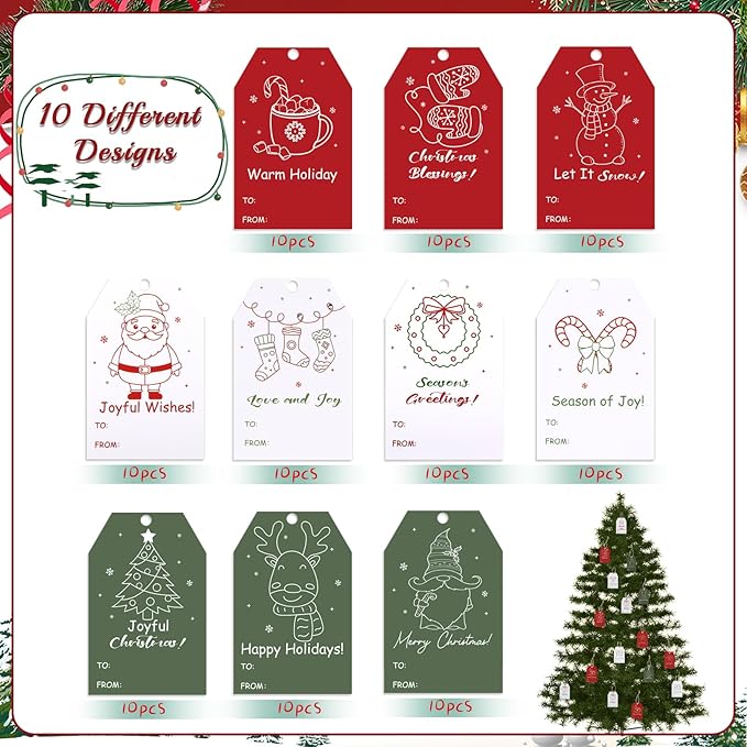 100PCS Christmas Gift Tags 10 Styles Merry Christmas Gift Tags with String Modern Kraft Name Tag for Present Wrapping Xmas Holiday Festive Party Favors