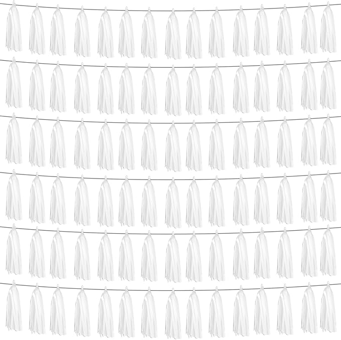 6P White Foil Fringe Metallic Tassel Streamers Banner Tassel Garland for Parade Floats, Graduation, Wedding, Birthday, Graduation, Christmas, Bridal/Baby Shower Party Decorations