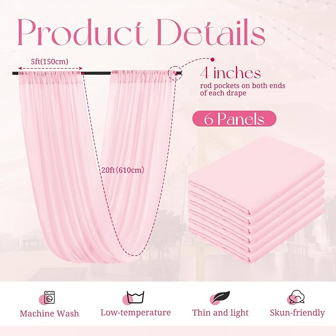 6 Panels Pink Ceiling Drapes for Wedding, 5ftx20ft Ceiling Drapes Cheesecloth Sheer Fabric Curtain Wedding Arch Draping Fabric Romantic Ceilings Decorations for Weddings Party Ceremony Stage