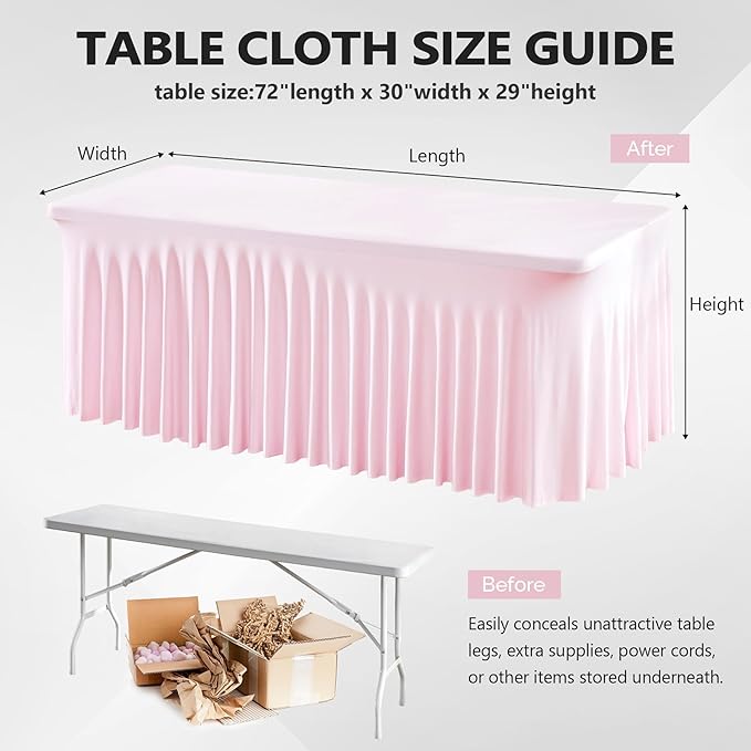 Wish Care 2 Pack Pink Spandex Table Clothes for 6 Foot Rectangle Tables, 6FT Wrinkle Free Fitted Tablecloths Ruffles Design Table Cover for Party, Banquet, Wedding and Events