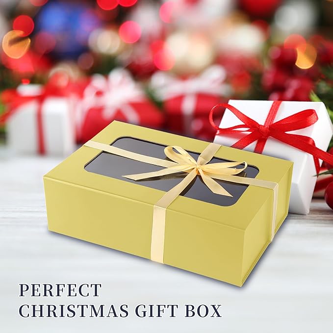 TIACABO Gold Large Gift Box with Window, 13.5"x9"x4.3" Bridesmaid Boxe for Gifts Giving,Birthday Gift Boxes with Magnetic,Closure Lid Gifts Box for Presents,Cute Boxe,Luxury for Gift Packaging