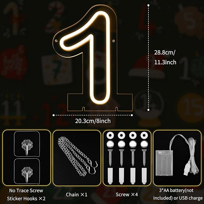 Number 1 LED Neon Sign Backdrop Birthday Party Decoration, 11.3" Height Warm White Marquee Number Light Up Sign for Wedding Anniversary Window Wall Table, Indoor Battery Operated or USB