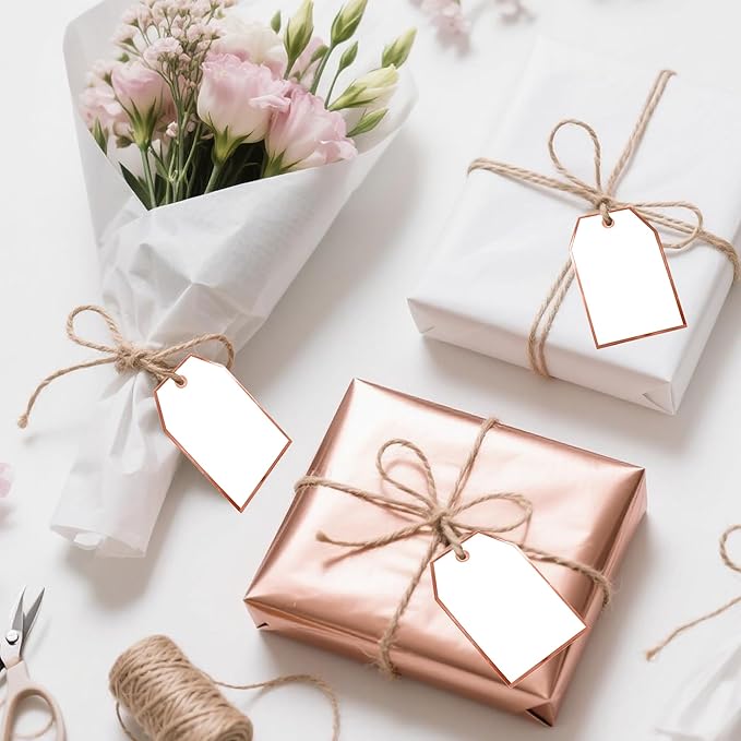 100Pcs Blank Gift Tags with String Attached Foil Rose Gold Frame Large White Paper Gift Tags Presents with 65 Ft Jute Twine for Birthday Wedding Baby Shower Graduation Gift Wrap Tag