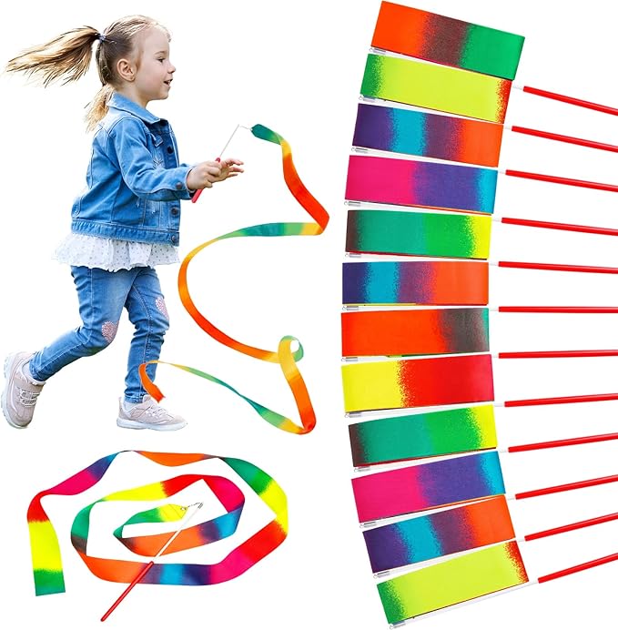 JoyCat 12 Pack Dance Ribbon Party Favors for Kids,Rainbow Birthday Decorations,Unicorn Princess Fairy Party Supplies,Girls Party Games,Gymnastics Goody Bag Stuffers