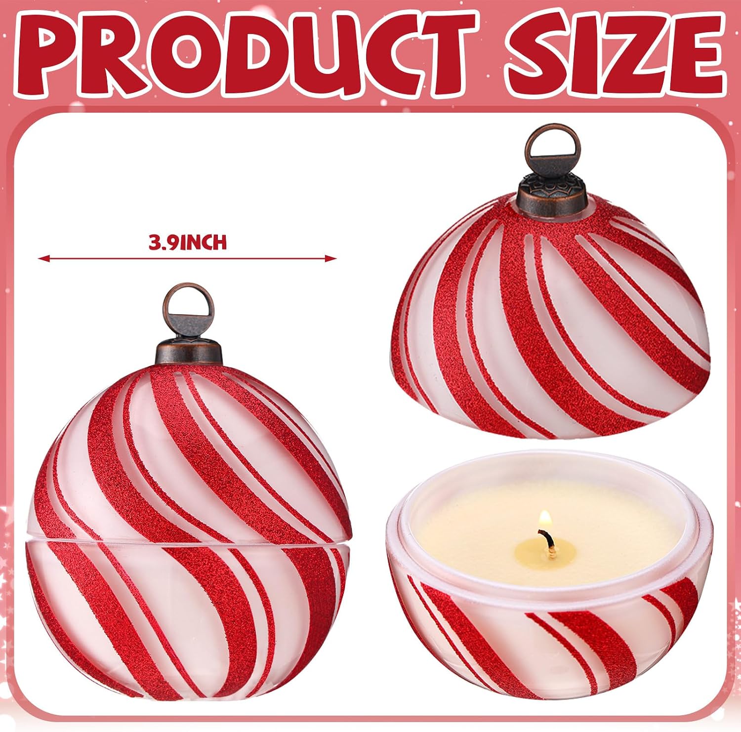 Conelist 2 Pcs Candy Christmas Ball Candles 3.9 Inch Red and White Christmas Ornament Candle Decor Cinnamon Scented Mercury Glass Xmas Table Decorations for Holiday Party Gifts